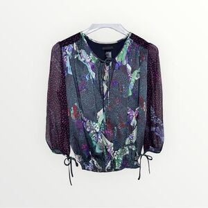 Custo Barcelona Silk Multicolor Mixed Print 3/4" Sleeve Top Bird Print Size 1 XS